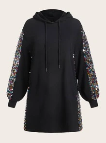 SHEIN LUNE Plus Contrast Sequin Drawstring Hooded Sweatshirt Dress