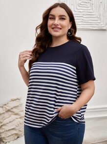 SHEIN LUNE Áo thun Plus size Sọc Giải trí - Nhiều màu - Xem 1