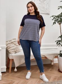 SHEIN LUNE Áo thun Plus size Sọc Giải trí - Nhiều màu - Xem 5