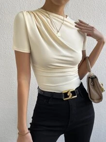 SHEIN Essnce 小高領褶邊T恤 - 杏色 - 查看 3