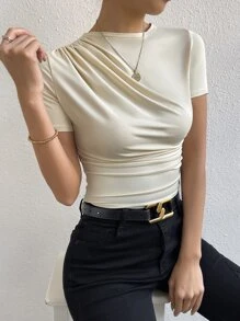 SHEIN Essnce 小高領褶邊T恤 - 杏色 - 查看 4