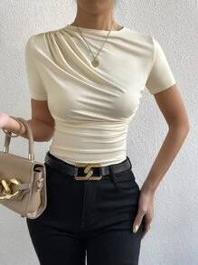 SHEIN Essnce 小高領褶邊T恤 - 杏色 - 查看 6