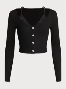 SHEIN ICON Lace Trim Button Front Crop Tee - Black - View 1