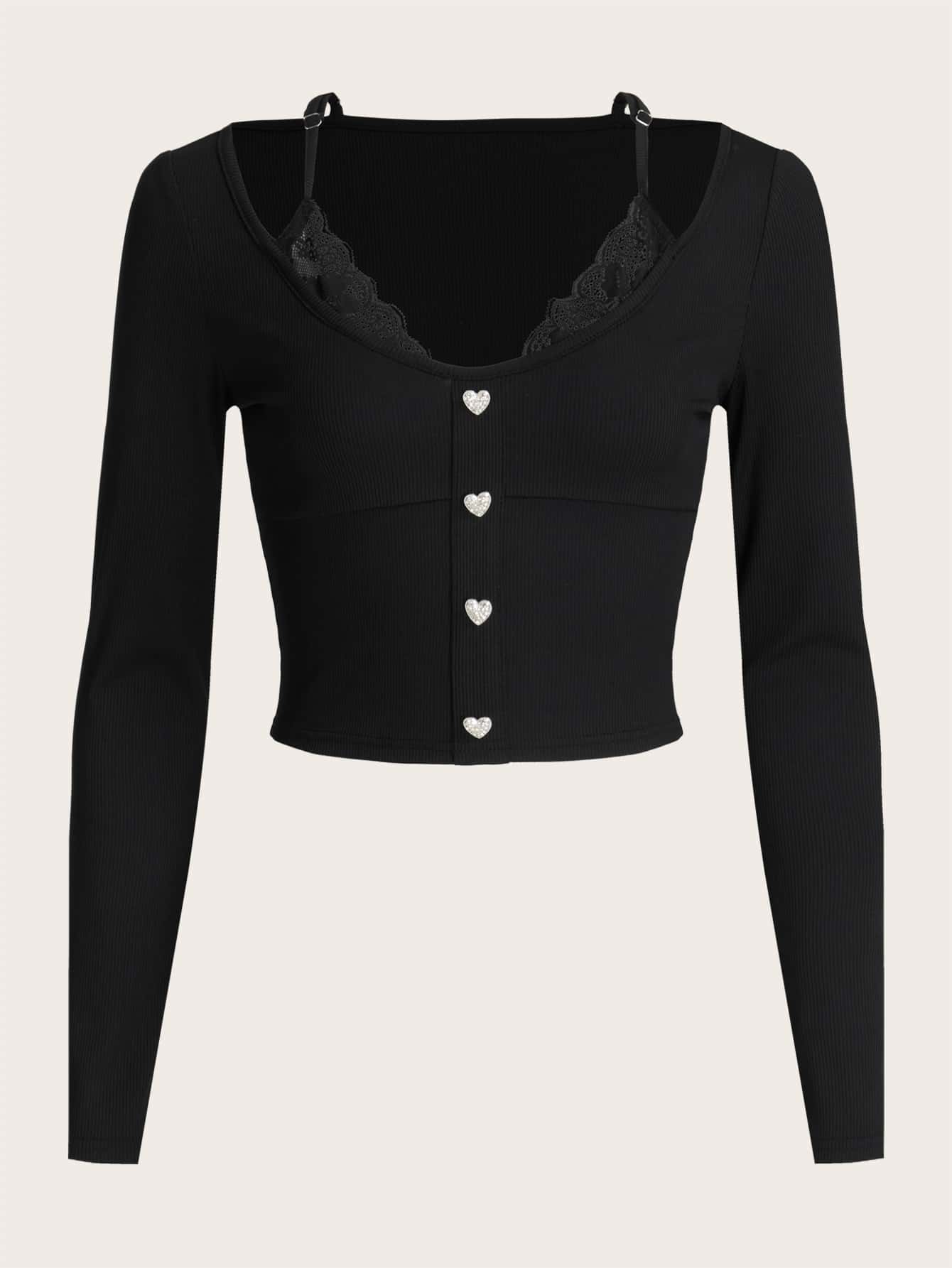 SHEIN ICON Lace Trim Button Front Crop Tee - Black - View 1