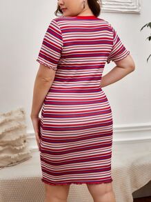 SHEIN LUNE Plus Striped Lettuce Trim Bodycon Dress - Multicolor - View 2
