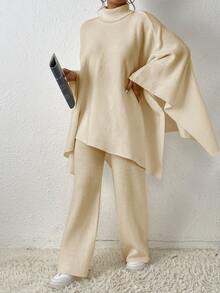 Áo len nữ kết hợp Bất đối xứng màu trơn Thanh lịch - Màu be - Xem 4