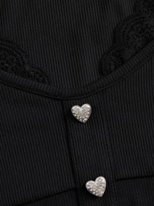 SHEIN ICON Lace Trim Button Front Crop Tee - Black - View 4