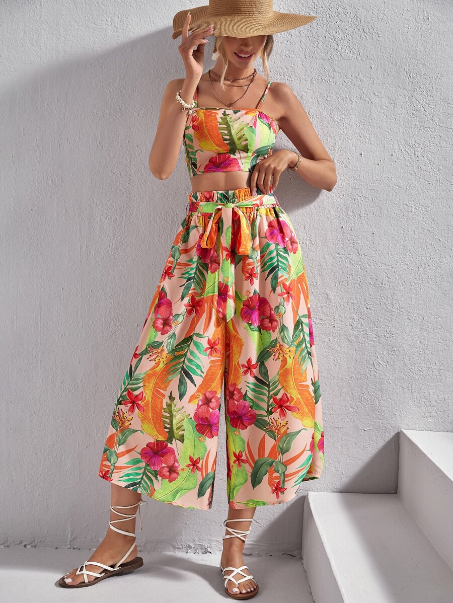 SHEIN VCAY Tropical Print Crop Cami Top & Belted Wide Leg Pants - Multicolor - View 1