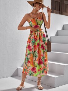 SHEIN VCAY Tropical Print Crop Cami Top & Belted Wide Leg Pants - Multicolor - View 5
