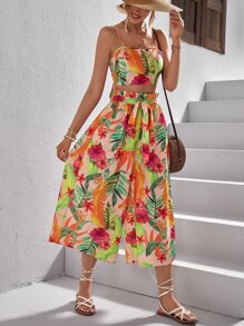 SHEIN VCAY Tropical Print Crop Cami Top & Belted Wide Leg Pants - Multicolor - View 2