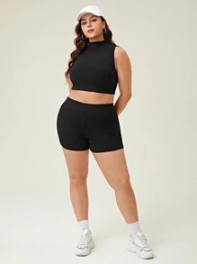 SHEIN BASICS Plus High Neck Tank Top & Cycling Shorts - Black - View 3