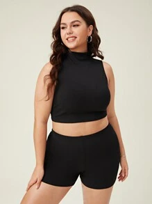 SHEIN BASICS Plus High Neck Tank Top & Cycling Shorts - Black - View 4