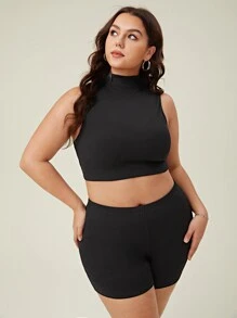 SHEIN BASICS Plus High Neck Tank Top & Cycling Shorts - Black - View 5