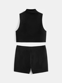 SHEIN BASICS Plus High Neck Tank Top & Cycling Shorts - Black - View 10