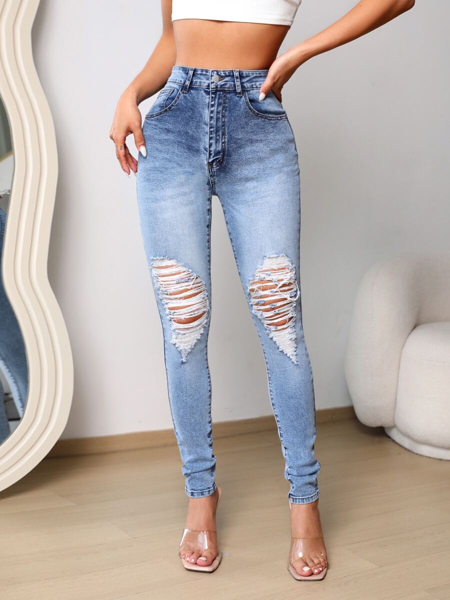 SHEIN PETITE High Waist Ripped Skinny Jeans - Light Wash - View 1