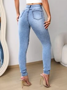 SHEIN PETITE High Waist Ripped Skinny Jeans - Light Wash - View 2