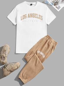 Manfinity VCAY Men Letter Graphic Tee & Joggers - Khaki - View 1