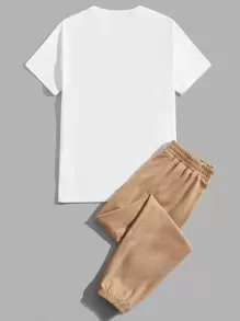 Manfinity VCAY Men Letter Graphic Tee & Joggers - Khaki - View 2