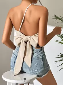 SHEIN Privé One Shoulder Bow Backless Crop Top - Apricot - View 1