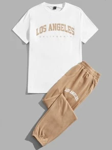 Manfinity VCAY Men Letter Graphic Tee & Joggers - Khaki - View 5