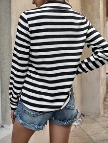 SHEIN LUNE Striped Print Button Front Shirt - Black and White - View 2