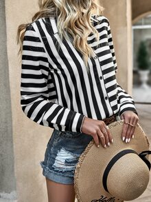 SHEIN LUNE Striped Print Button Front Shirt - Black and White - View 4