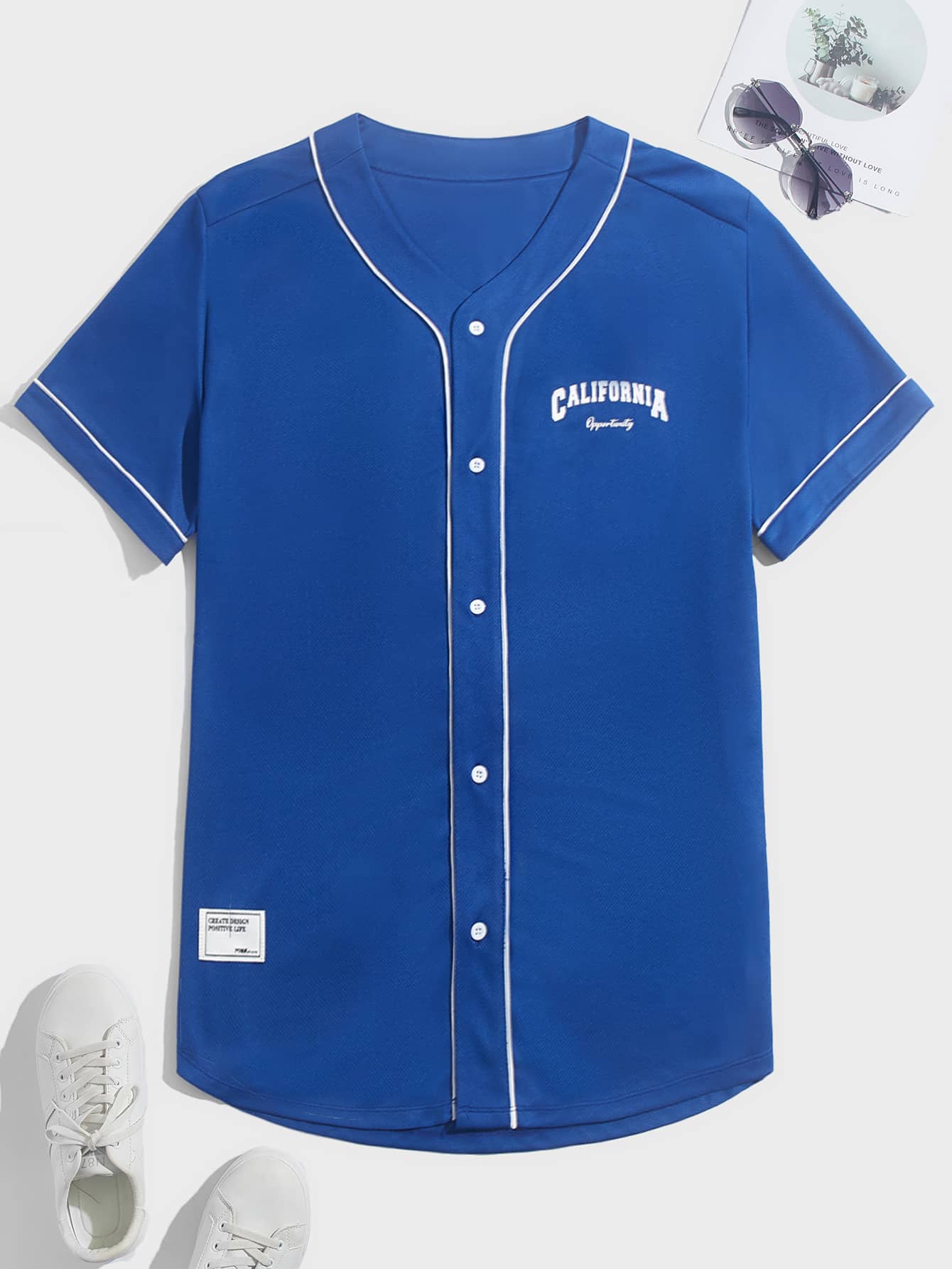 GENTILAND Loose Fit Men's Letter Printed Shirt With Contrast Piping - Royal Blue - View 1