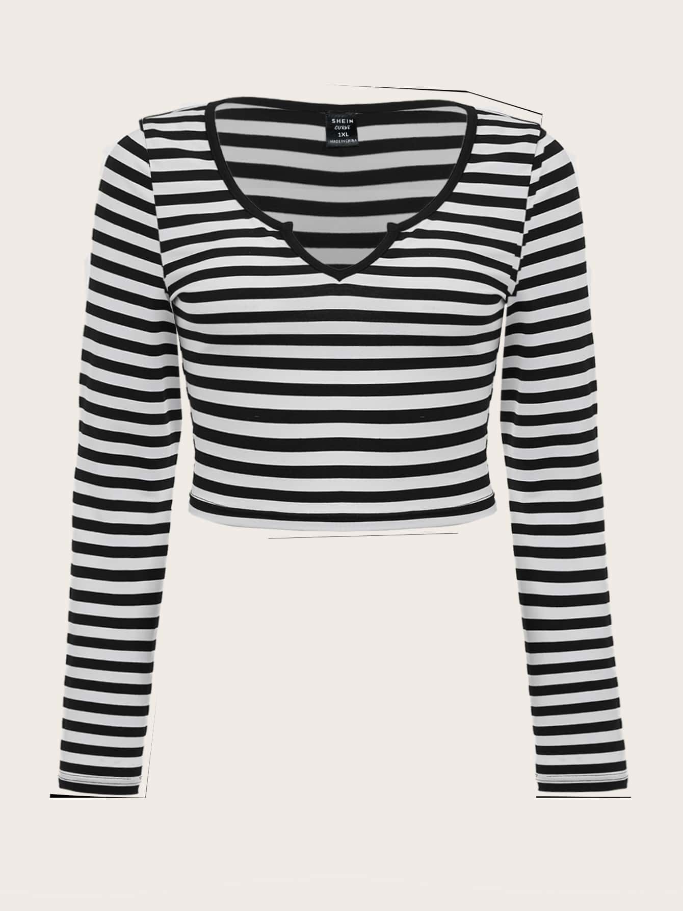 SHEIN EZwear Camiseta con estampado de rayas - Blanco y Negro - Ver 1