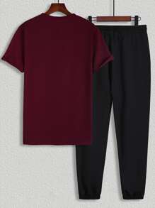 Manfinity Homme 男士椰子树和标语图案短袖 T 恤和抽绳腰运动裤，外出 - 彩色 - 查看 2