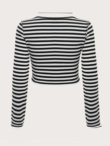 SHEIN EZwear Camiseta con estampado de rayas - Blanco y Negro - Ver 3