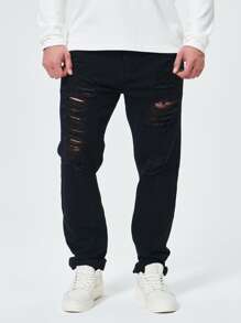 Hombres Jeans de pierna recta algodón desgarro crudo