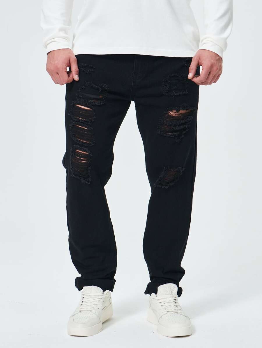 Hombres Jeans de pierna recta algodón desgarro crudo