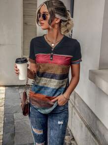 EMERY ROSE Colour Block Striped Print Curved Hem Tee - Multicolor - View 1