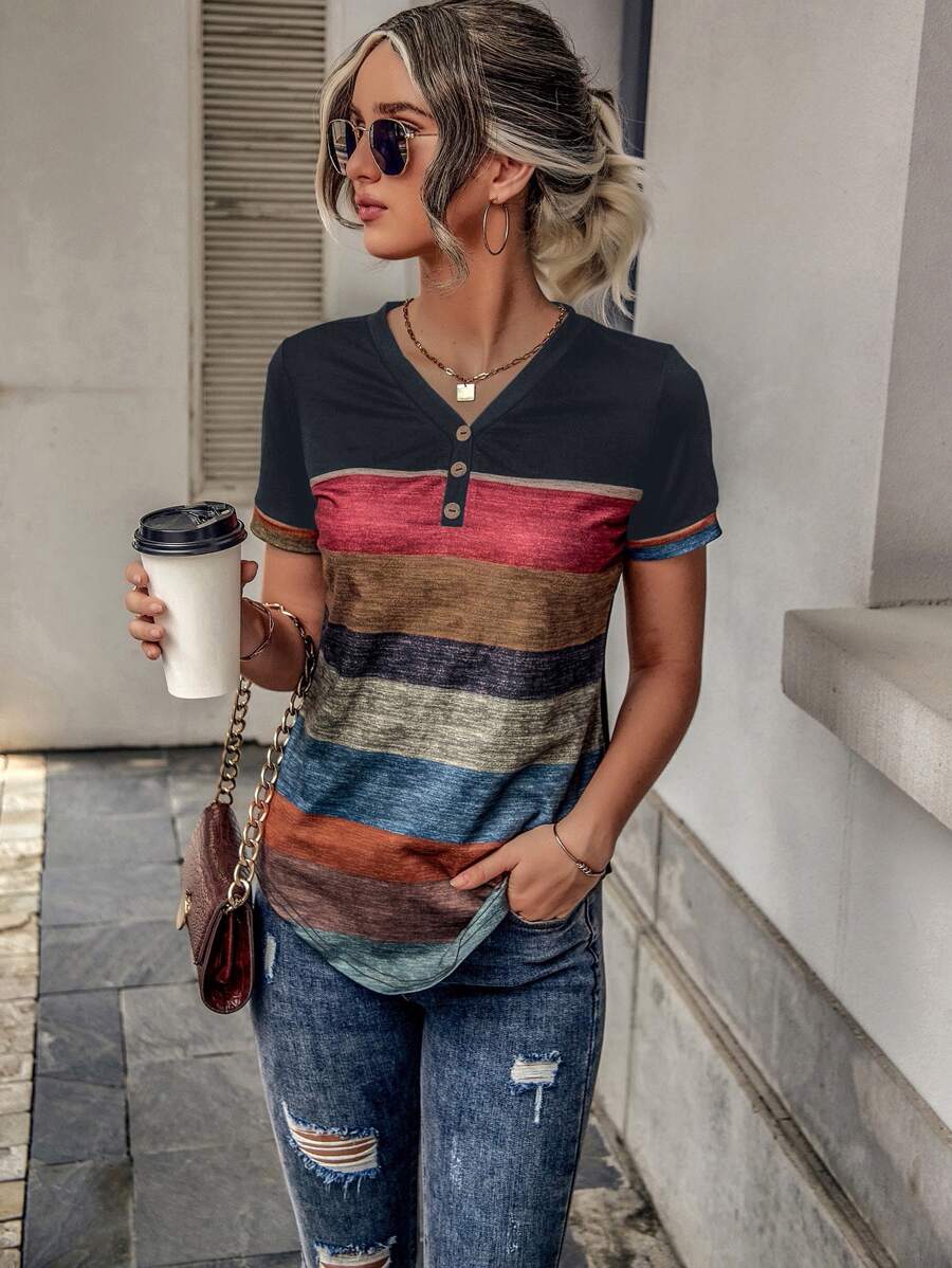 EMERY ROSE Colour Block Striped Print Curved Hem Tee - Multicolor - View 1