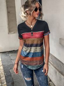 EMERY ROSE Colour Block Striped Print Curved Hem Tee - Multicolor - View 4