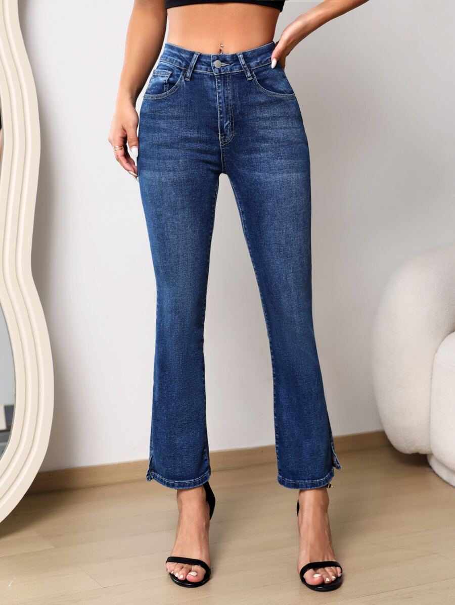 SHEIN PETITE Split Hem Flare Leg Jeans - Dark Wash - View 1