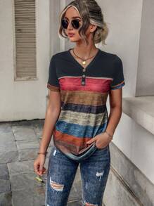 EMERY ROSE Colour Block Striped Print Curved Hem Tee - Multicolor - View 5