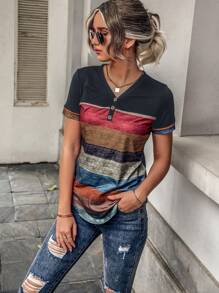 EMERY ROSE Colour Block Striped Print Curved Hem Tee - Multicolor - View 6