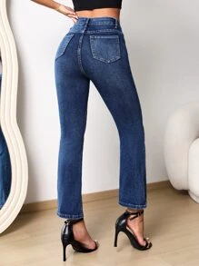 SHEIN PETITE Split Hem Flare Leg Jeans - Dark Wash - View 2