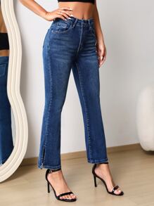 SHEIN PETITE Split Hem Flare Leg Jeans - Dark Wash - View 3