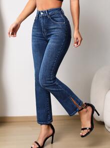 SHEIN PETITE Split Hem Flare Leg Jeans - Dark Wash - View 5