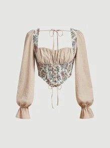 SHEIN MOD Floral Print Flounce Sleeve Lace Up Front Ruched Bust Blouse - Khaki - View 1