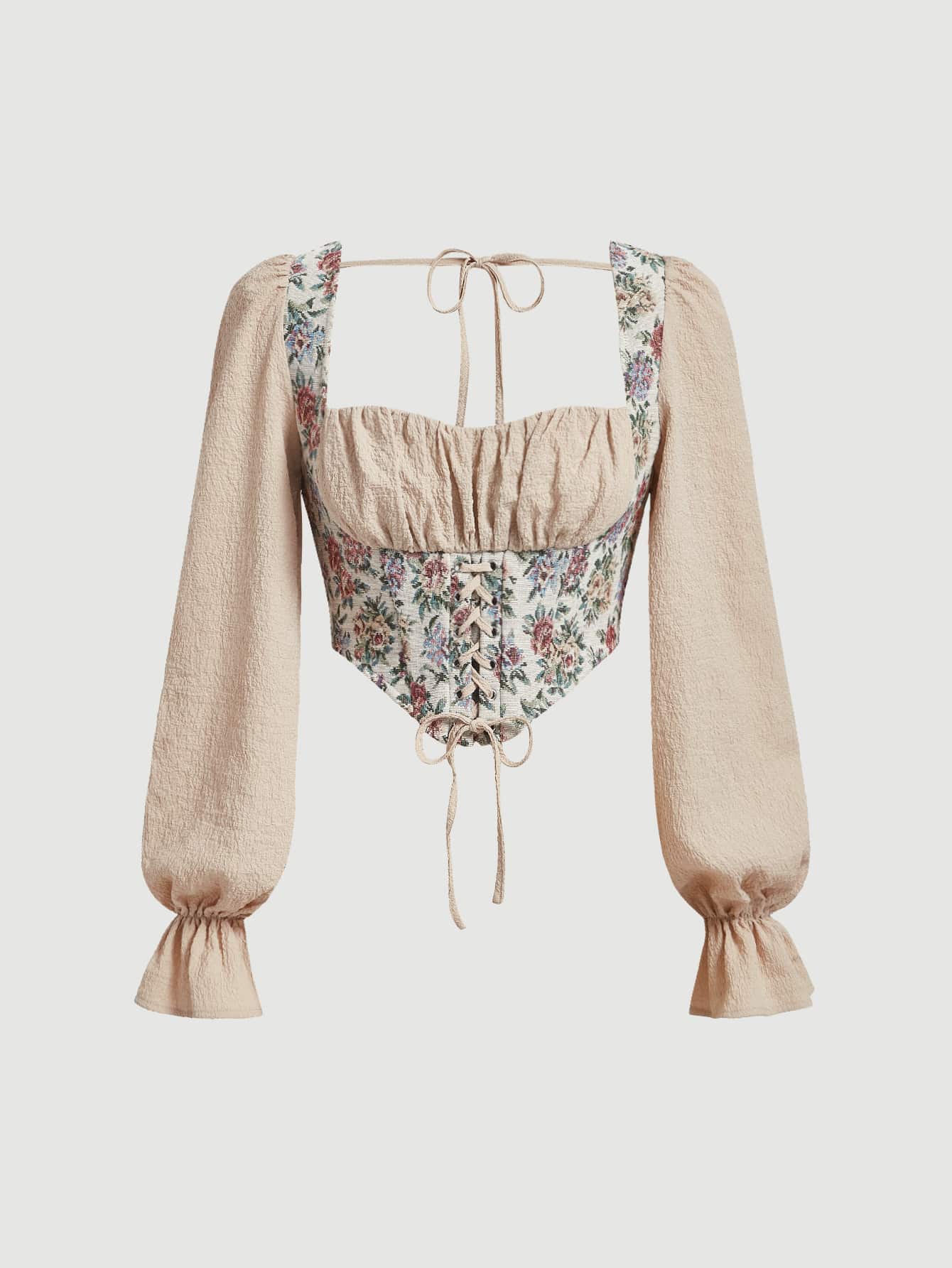 SHEIN MOD Floral Print Flounce Sleeve Lace Up Front Ruched Bust Blouse - Khaki - View 1