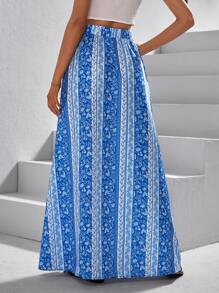 SHEIN VCAY 碎花高衩半身裙 - 藍白色 - 查看 2