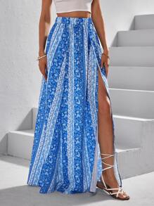 SHEIN VCAY 碎花高衩半身裙 - 藍白色 - 查看 3