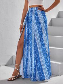 SHEIN VCAY 碎花高衩半身裙 - 藍白色 - 查看 4