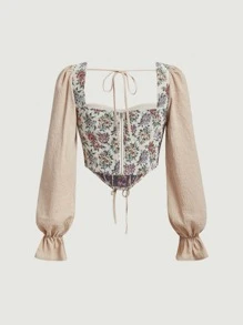 SHEIN MOD Floral Print Flounce Sleeve Lace Up Front Ruched Bust Blouse - Khaki - View 2
