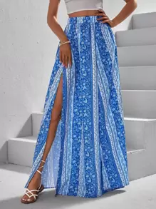 SHEIN VCAY 碎花高衩半身裙 - 藍白色 - 查看 5