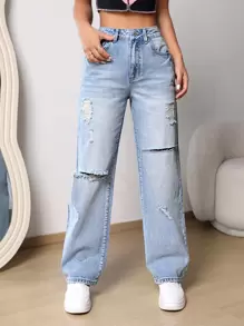 SHEIN PETITE Jeans de pierna recta desgarro