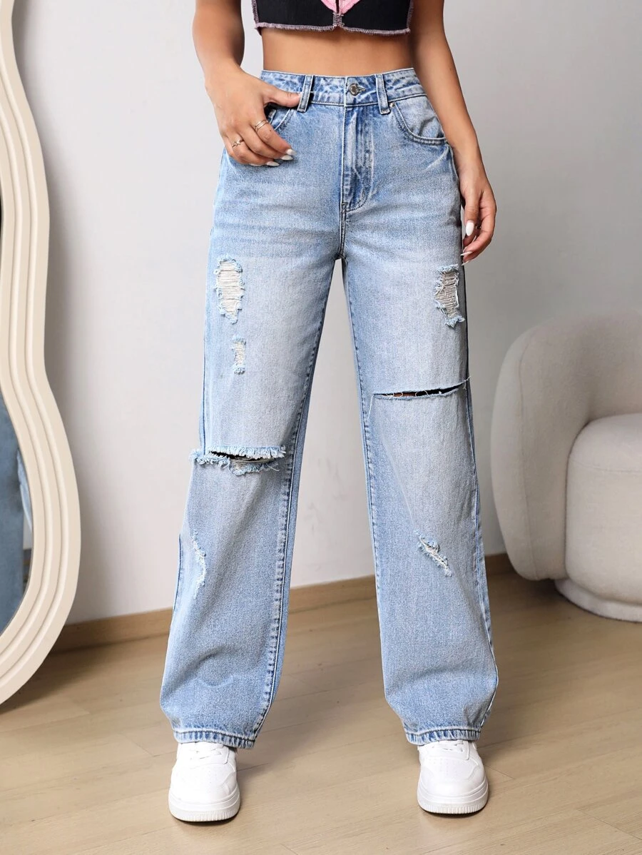 SHEIN PETITE Jeans de pierna recta desgarro